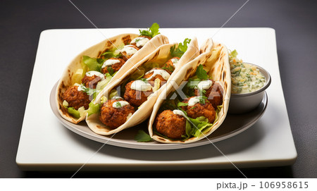 Large plate with falafel and salad on a dark background, restaurant concept 106958615