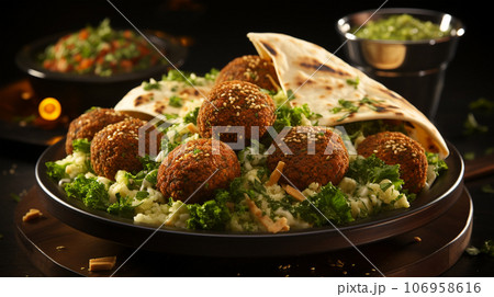 Large plate with falafel and salad on a dark background, restaurant concept 106958616