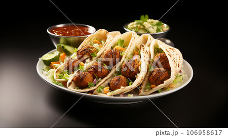 Large plate with falafel and salad on a dark background, restaurant concept 106958617