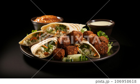 Large plate with falafel and salad on a dark background, restaurant concept 106958618