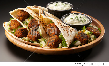 Large plate with falafel and salad on a dark background, restaurant concept 106958619