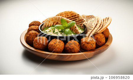 Large plate with falafel and salad on a dark background, restaurant concept 106958620