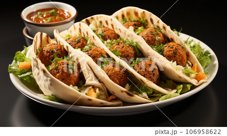Large plate with falafel and salad on a dark background, restaurant concept Large plate with falafel and salad on a dark background, restaurant concept 106958622