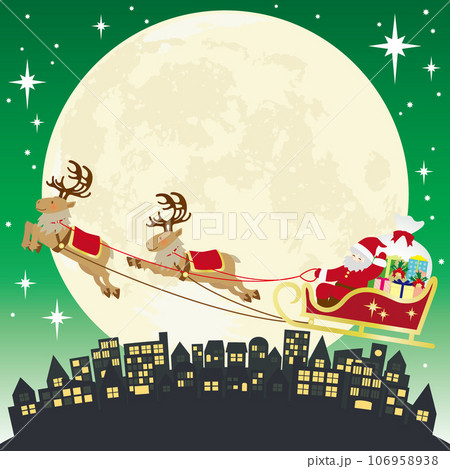 クリスマスの夜に星空の中をトナカイのソリで飛ぶサンタクロースのベクターイラスト 106958938