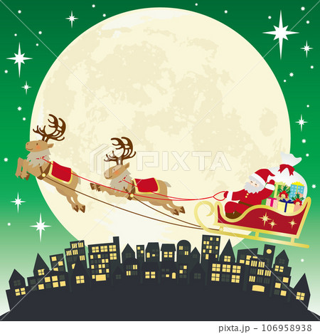 クリスマスの夜に星空の中をトナカイのソリで飛ぶサンタクロースの