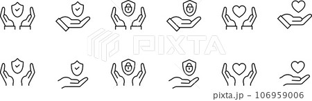 手とセキュリティ・ハートマークの線画アイコンセット 106959006