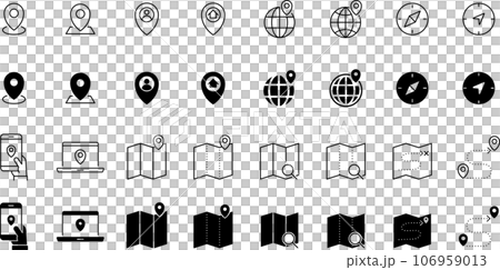 Set of line drawing and silhouette icons about maps 106959013
