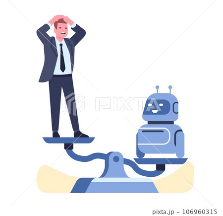 Superiority of artificial intelligence over humans. Businessman and robot on scales. Worker and AI technology competition. Rival with android. Productivity comparison. Vector concept Superiority of artificial intelligence over humans. Businessman and robot on scales. Worker and AI technology competition. Rival with android. Productivity comparison. Vector concept 106960315