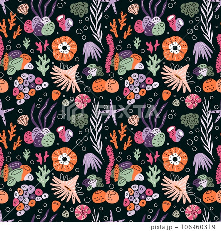 Seashell seamless pattern. Tropical marine elements. Reef corals. Algae and starfish. Beach shells. Underwater air bubbles. Aquatic mollusk. Undersea black print. Garish vector background 106960319