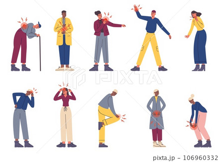 People with pain. Cartoon men or women suffering from aches. Hurt types. Health problems. Red marks in different body parts. Inflammation or trauma. Disease painful symptoms vector set 106960332