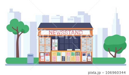 Newsstand kiosk selling magazines or newspapers against background of urban development. City landscape. News booth. Outdoor press shop showcase with journals. Street stall. Vector concept Newsstand kiosk selling magazines or newspapers against background of urban development. City landscape. News booth. Outdoor press shop showcase with journals. Street stall. Vector concept 106960344