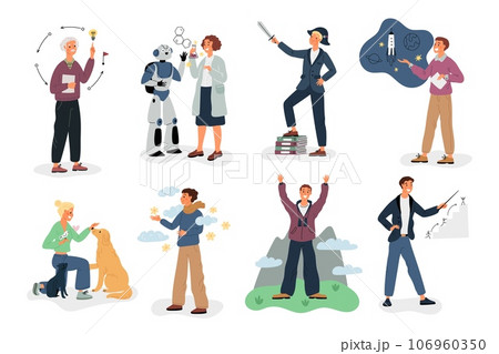 MBTI people types. Human personalities. Socionic characters. mental. Mindset and behavior. Intuitive and logical thoughts. Rational or creative. Mental structures. Garish vector set MBTI people types. Human personalities. Socionic characters. mental. Mindset and behavior. Intuitive and logical thoughts. Rational or creative. Mental structures. Garish vector set 106960350