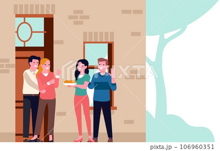 Man and woman came to meet their neighbors and brought pie to share. Housewarming celebration. Neighborhood holiday. Dating gift cake. Families standing on porch of house. Vector concept 106960351