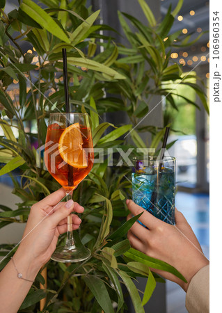 Clinking glasses with alcohol and toasting, party. 106960354