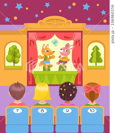 Kids puppets show. Spectators watch entertainment performance. Theater stage. Actors perform in front of children. Marionette dolls. Curtains and decorations. Splendid vector concept Kids puppets show. Spectators watch entertainment performance. Theater stage. Actors perform in front of children. Marionette dolls. Curtains and decorations. Splendid vector concept 106960356