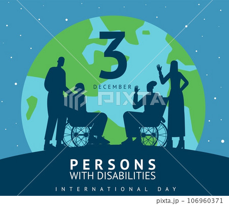 International Day card. Persons with medical disabilities poster. People silhouettes in wheelchairs on globe background. World accessibility for handicapped men and women. Vector concept International Day card. Persons with medical disabilities poster. People silhouettes in wheelchairs on globe background. World accessibility for handicapped men and women. Vector concept 106960371