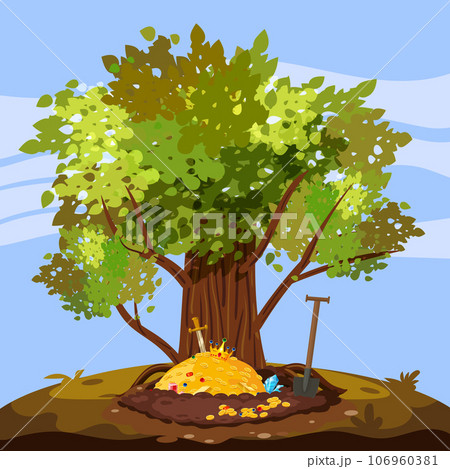 Treasure pile under oak tree, full of treasures, gold coins, Digging Hole in the ground, Treasure pile under oak tree, full of treasures, gold coins, Digging Hole in the ground, 106960381