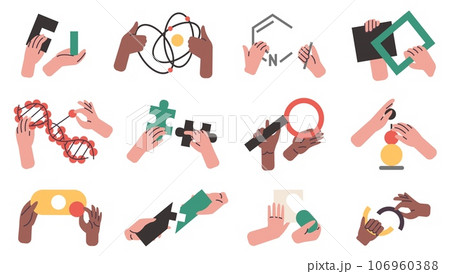Hands with puzzles. Abstract geometric shapes. People collect piece things together. Human arms holding figures. DNA helix. Logical jigsaw. Scientific elements. Vector brainteasers set 106960388