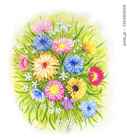Blooming watercolor composition of meadow bright flowers, wildflowers 106960608