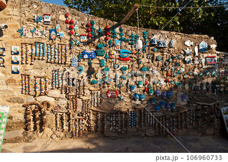 Old Datca streets with its unique architecture, souvenir sale, Mugla Datca Turkey, June 29 2023 Old Datca streets with its unique architecture, souvenir sale, Mugla Datca Turkey, June 29 2023 106960733