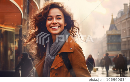 笑顔で街を歩く女性　AI生成画像 106960854