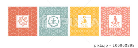 Yoga Icon and Square Emblem with Lotus Zen Symbol Vector Set 106960898