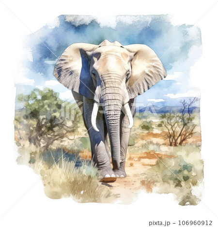 サファリを歩くアフリカゾウの水彩イラスト AI画像のイラスト素材