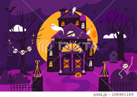 Cartoon horror house. Creepy Halloween castle with ghosts. Grave skeleton. Skulls and pumpkins. Spooky holiday decorations. Night landscape. Scary bats and spider. Garish vector concept 106961169
