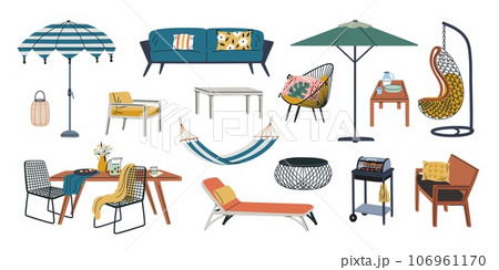 Cartoon garden furniture. Backyard relax objects. Territory landscaping elements. Chaise longue. Hammock under umbrella awning. Barbecue grill. Table with chairs. Garish vector set 106961170