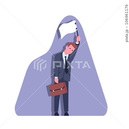 Business failure. Businessman displays white flag as symbol of losing. Disappointed male giving up on dream. Economy recession. Employees surrender. Professional defeat. Vector concept 106961176
