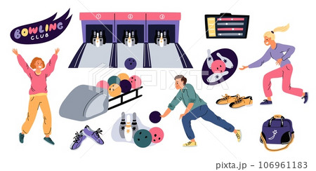 Bowling club elements. Cartoon players. Happy bowlers. Alleys and skittles. People throwing balls. Game competition. Shoes and electronic scoreboard. Knocking out pins. Garish vector set 106961183