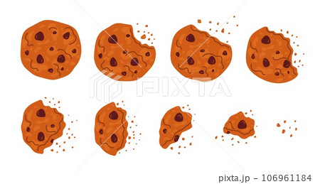 Bitten cookies. Crumbled biscuit. Eating process sequence. Gradual biting of crunchy baking. Confectionery crumbs. Classic pastry with chocolate pieces. Food parts. Garish vector set 106961184