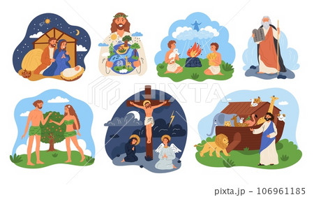 Biblical stories. Narratives compositions. Sacred book characters. Holy scripture. Christian religion scenes. Jesus Christ crucifix. Adam and Eve history. Noahs ship. Garish vector set Biblical stories. Narratives compositions. Sacred book characters. Holy scripture. Christian religion scenes. Jesus Christ crucifix. Adam and Eve history. Noahs ship. Garish vector set 106961185