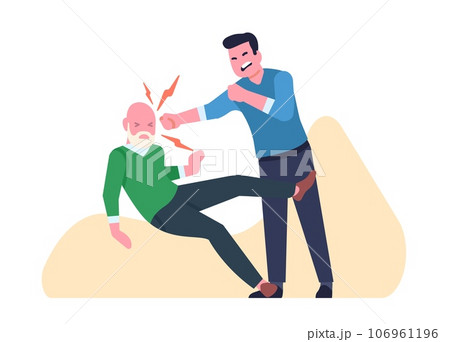 Aggressive man beating old man with fists. Males fight. Abusive communication. Grandpa falling from hit. Angry guy bullying grandfather. Elderly father and son quarrel. Vector concept 106961196