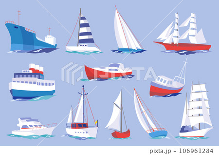 Water transport mega set elements in flat design. Bundle of cruise liner, ships, sailboats, frigate, yachts and other floating or shipping marine vehicles. Vector illustration isolated graphic objects Water transport mega set elements in flat design. Bundle of cruise liner, ships, sailboats, frigate, yachts and other floating or shipping marine vehicles. Vector illustration isolated graphic objects 106961284