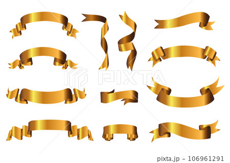 Gold ribbons mega set elements in flat design. Bundle of decorative shiny golden ribbons with empty space, swirling and scrolling holiday greeting banners. Vector illustration isolated graphic objects 106961291