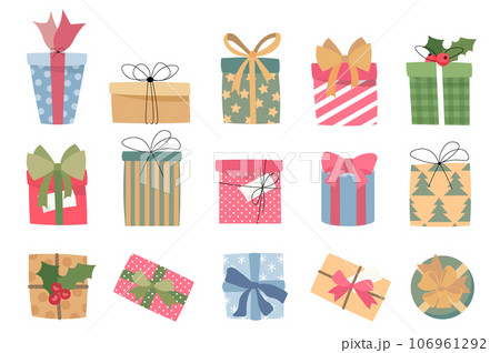 Presents mega set elements in flat design. Bundle of different types of holiday gift boxes with bows, holly, ribbons, striped or printed wrapping paper. Vector illustration isolated graphic objects Presents mega set elements in flat design. Bundle of different types of holiday gift boxes with bows, holly, ribbons, striped or printed wrapping paper. Vector illustration isolated graphic objects 106961292