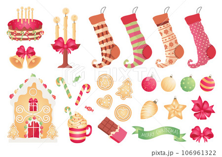 Christmas attributes mega set elements in flat design. Bundle of cake, candles, socks, bells, gingerbread cookies, house, cocoa mug, toy balls and other. Vector illustration isolated graphic objects Christmas attributes mega set elements in flat design. Bundle of cake, candles, socks, bells, gingerbread cookies, house, cocoa mug, toy balls and other. Vector illustration isolated graphic objects 106961322
