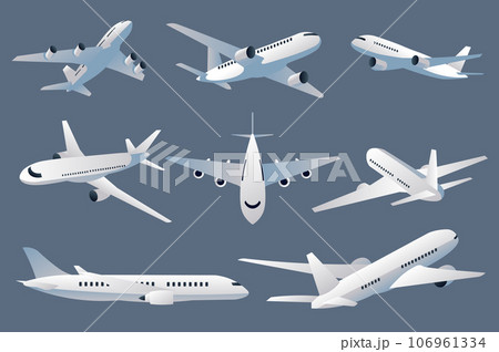 Passenger aircraft mega set elements in flat design. Bundle of flying planes with aviation turbine wings, airplanes in front, takeoff or landing views. Vector illustration isolated graphic objects 106961334