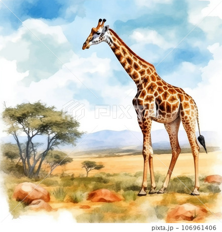 サファリを歩くキリンの水彩イラスト AI画像のイラスト素材