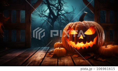 Scary Halloween pumpkin with glowing eyes on wooden planks at night 106961615