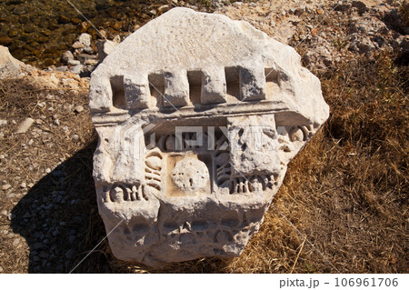 Marble pieces used in architecture in the ancient city of Knidos, one of the ancient cities of Anatolia, Turkey Mugla Datca, June 26 2023 106961706
