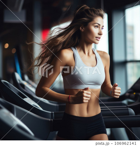 Sporty woman exercising on a treadmill at gym. Fitness exercising in the gym Sporty woman exercising on a treadmill at gym. Fitness exercising in the gym 106962141