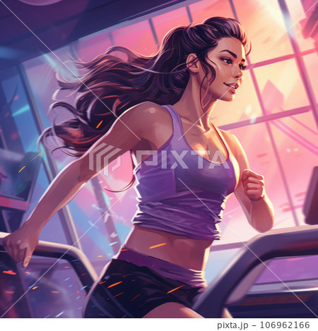 Fit young woman in sportswear running on a treadmill during a workout at the gym Fit young woman in sportswear running on a treadmill during a workout at the gym 106962166