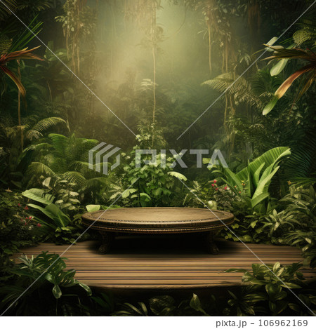 Circle wooden plinth in tropical forest for product presentation 106962169