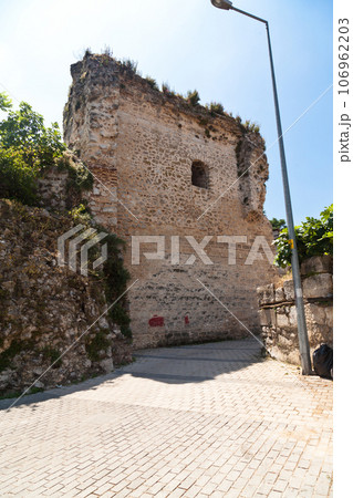 Ancient castle walls and ruins at Ulubat or Uluabat Lake Golyazi in Bursa, Turkey, June 25 2023 106962203
