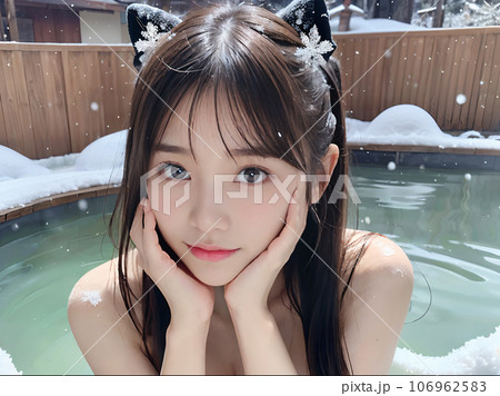 AI画像 雪景色の温泉露天風呂に入浴中の若い女性 AI画像 雪景色の温泉露天風呂に入浴中の若い女性 106962583