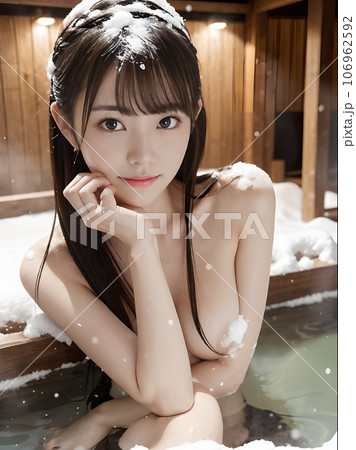 AI画像　雪景色の温泉露天風呂に入浴中の若い女性 106962592