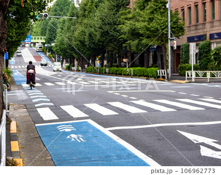 路面に青い帯で塗装された「普通自転車専用通行帯」 路面に青い帯で塗装された「普通自転車専用通行帯」 106962773