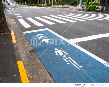 路面に青い帯で塗装された「普通自転車専用通行帯」 106962777